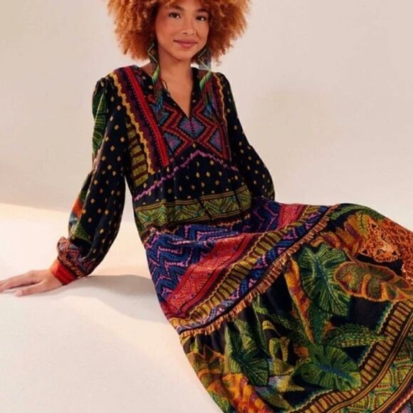 Farm Rio Forest Tapestry Split-Neck Midi Dress Size Small NWT - Picture 2 of 11